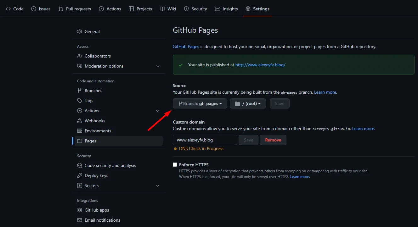 GitHub Pages Settings Screenshot