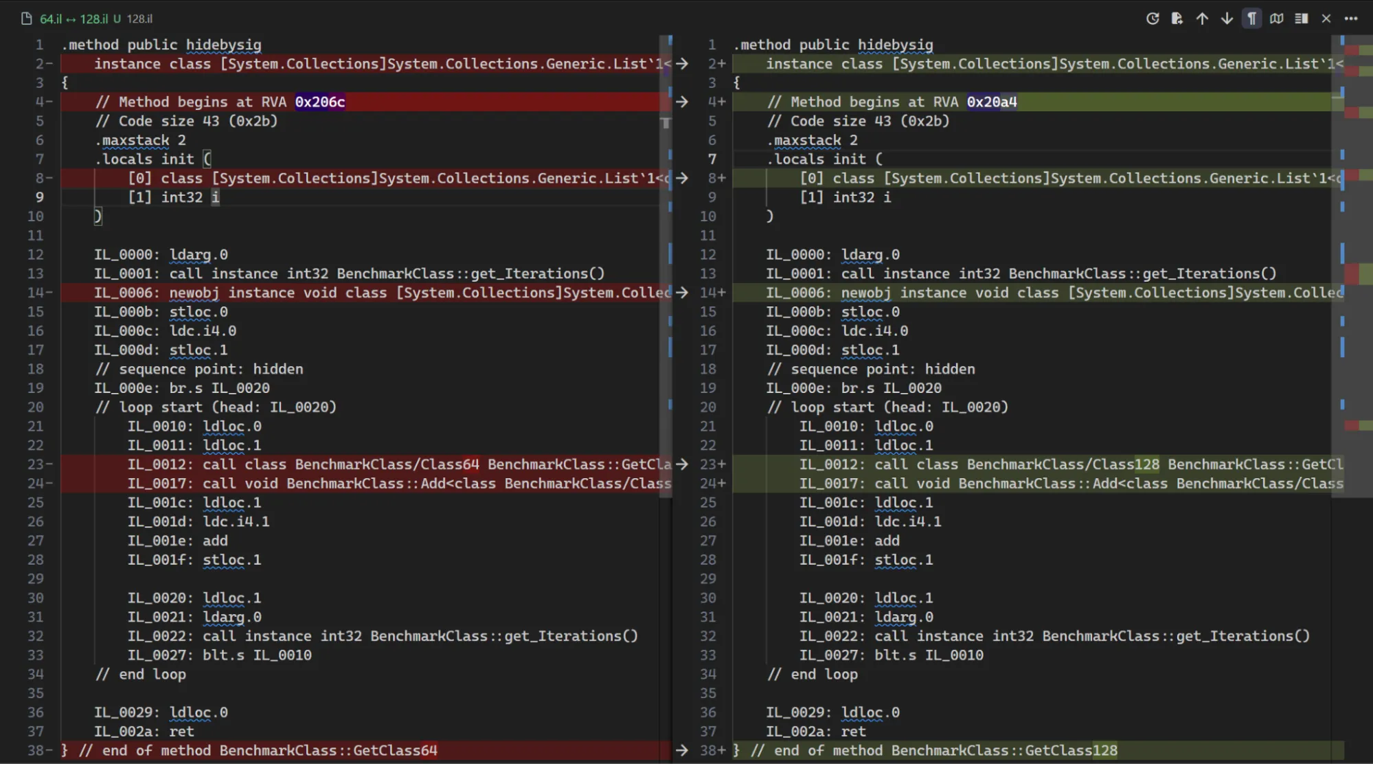 IL code comparison showing identical compilation output
